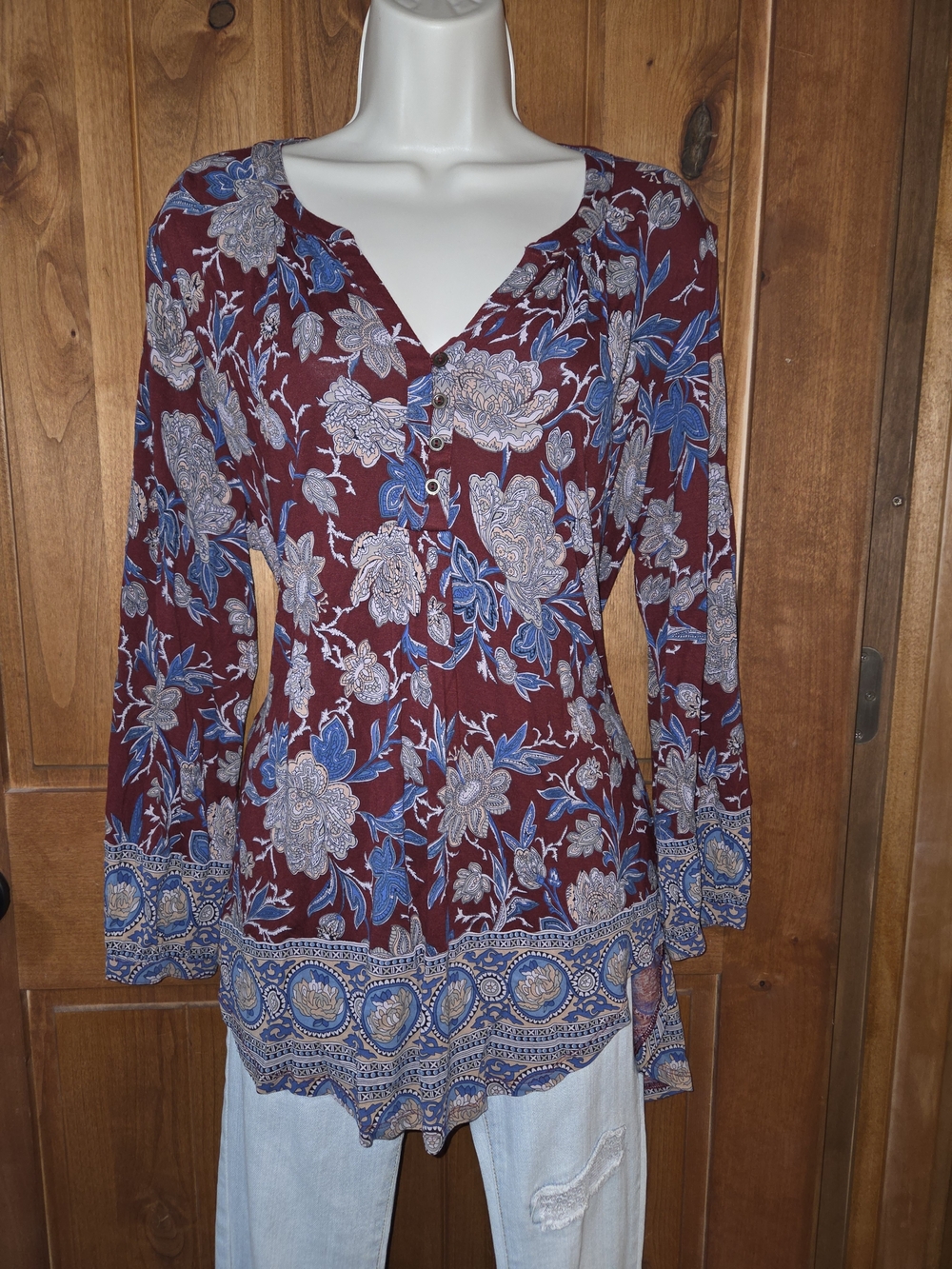 Lucky Brand Burgundy Floral V-Neck‎ Long Sleeve Tunic